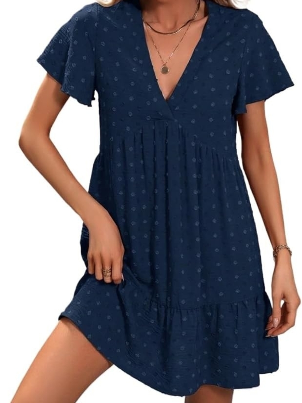 Navy Blue Flutter Sleeve V-Neck Babydoll Dress